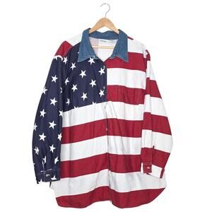 Capistrano American Flag Button Down Shirt 3X 2X 100% Cotton Stars Stripes Denim